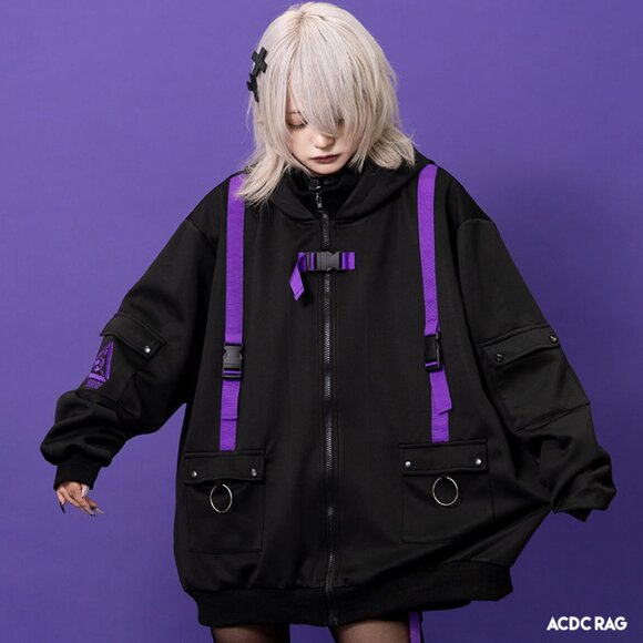 ACDC RAG - Uzurai Cyberpunk Tech Oversized Black Purple Jacket - Picture 3 of 5